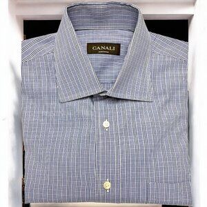 Canali Blue Plaid Luxe Cotton Italy Button Up Dress Shirt